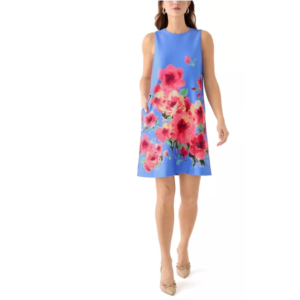 NWT Anne Klein Floral Shift Dress Size 12 Blue Pink Sleeveless Pockets $139